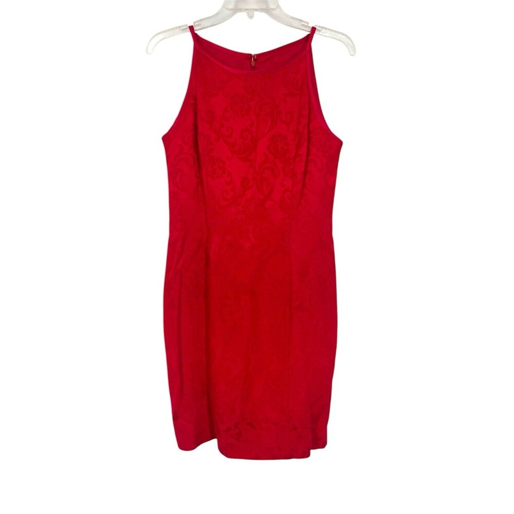 VTG 90s Brocade Bateau Neck Bodycon Red Mini Sheath Dress Feminine Cocktail